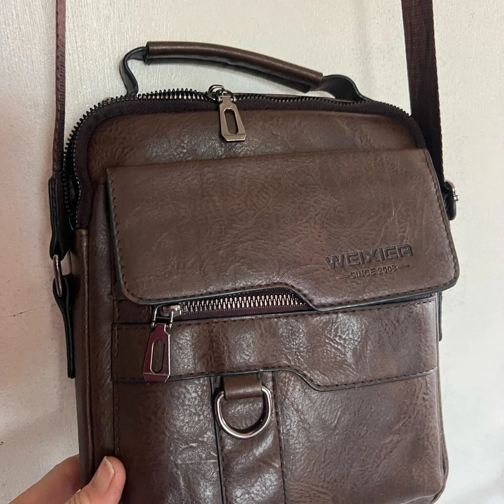 Weixier Brown Leather Messenger Bag for Men